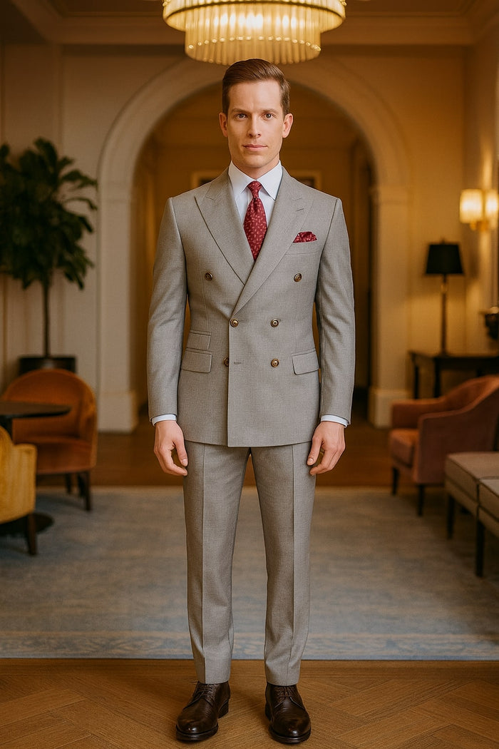 Mens Light Grey Double-Breasted Suit – Classic Slim Fit Business and Wedding Formal Attire