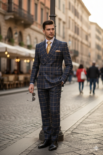 Men’s Navy and Tan Windowpane Double-Breasted Suit | Classic 2-Piece Plaid Dress Suit, Business, and Formal Events By Rossiman 4   - from alligatorwarehouse.com