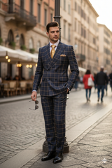 Men’s Navy and Tan Windowpane Double-Breasted Suit | Classic 2-Piece Plaid Dress Suit, Business, and Formal Events By Rossiman