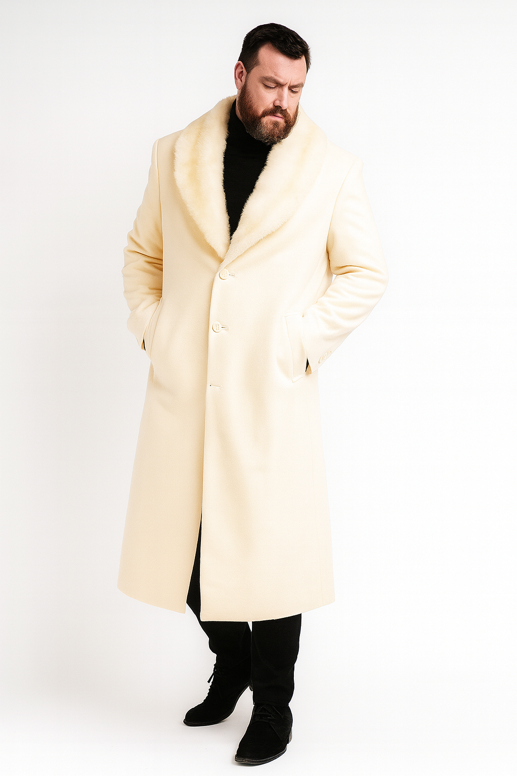 Men’s Ivory Full-Length Overcoat with Luxurious Faux Fur Shawl Collar – Winter Dress Coat