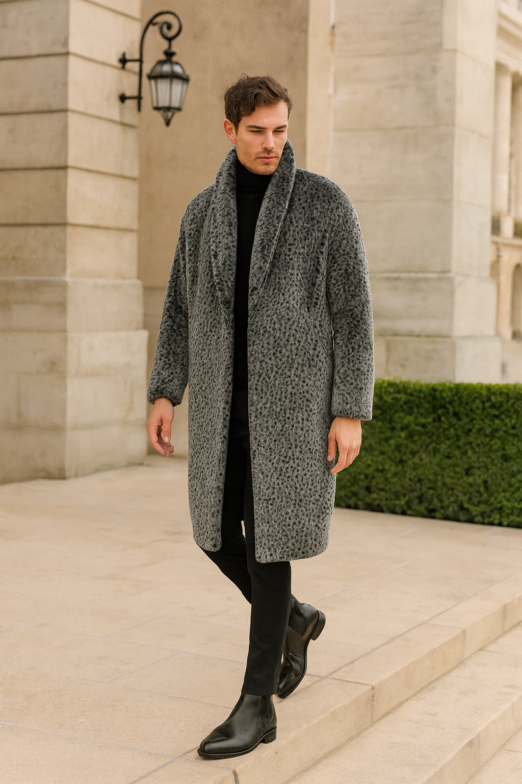 Men’s Luxury Long Grey Faux Fur Coat – Winter Overcoat with Animal Print Design 3   - from alligatorwarehouse.com