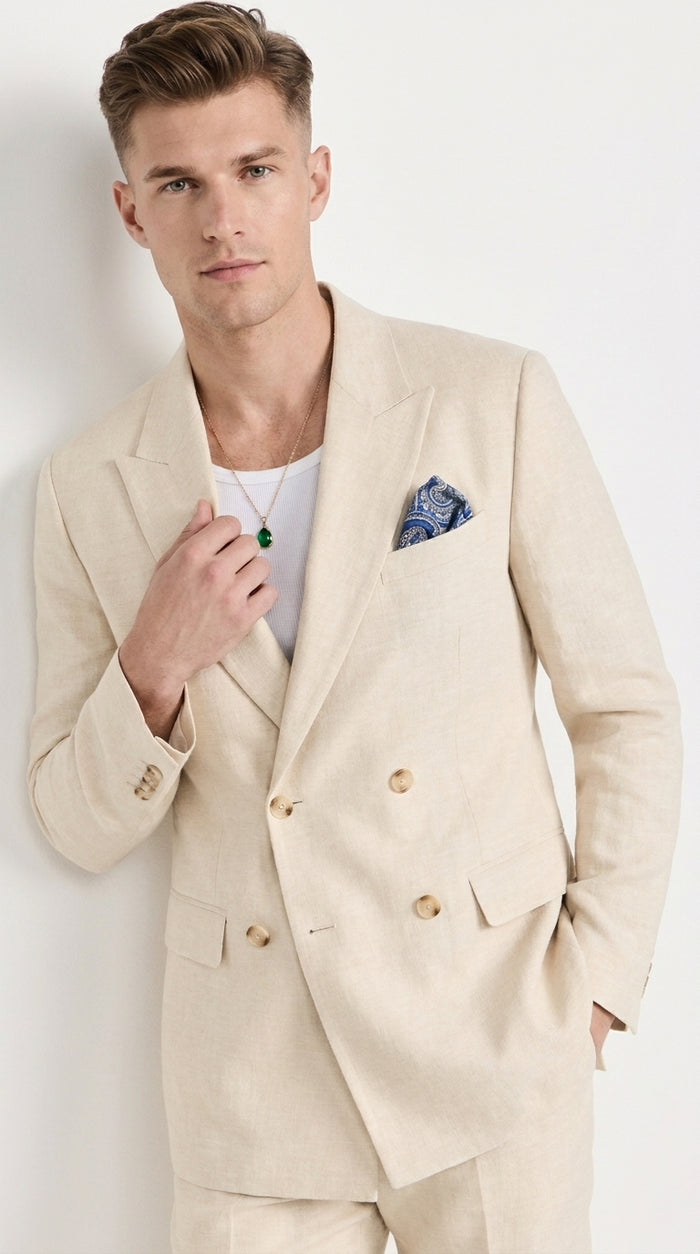 Men’s Light Beige Linen Double-Breasted Suit – Summer Wedding, Beach and Formal 2-Piece Suit