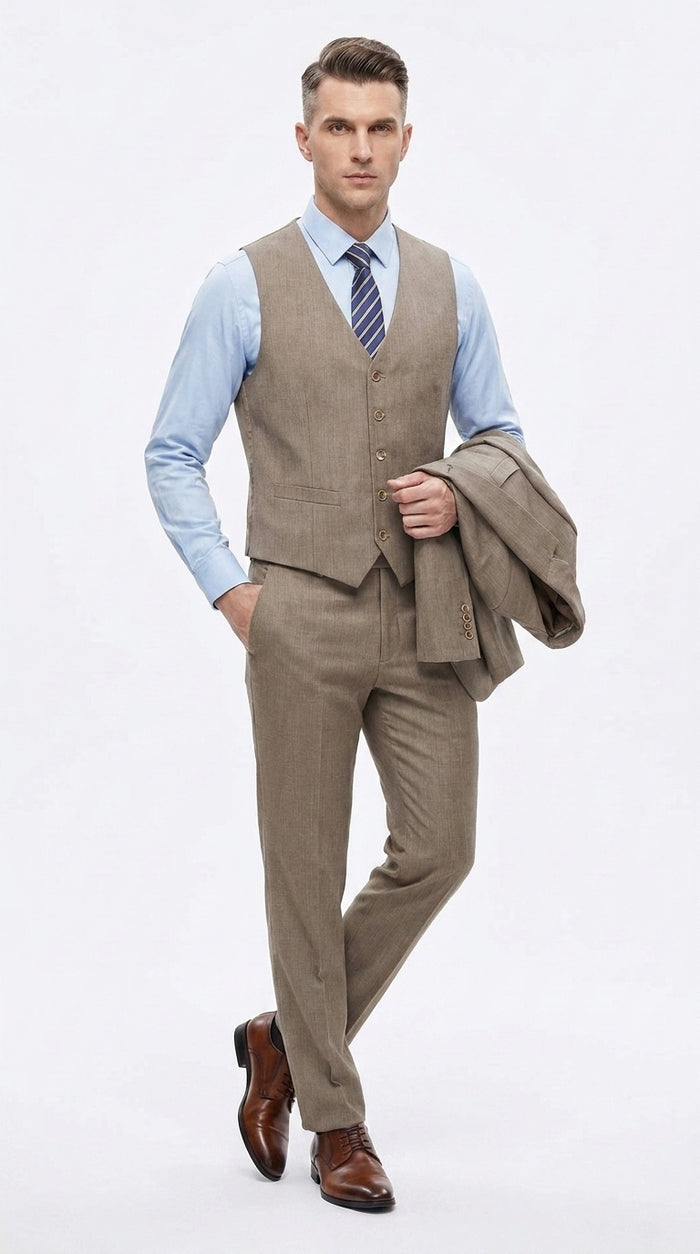 Men’s Taupe Olivish Tan 3-Piece Suit – Elegant Tan Wedding, Business & Formal Suit with Vest