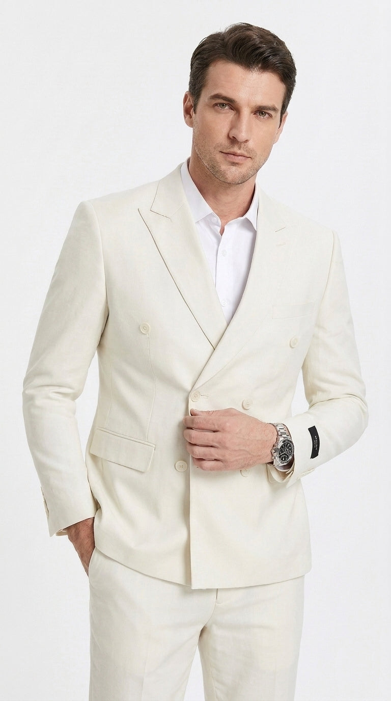 Men’s Ivory Cream Double Breasted Linen Suit – Off-White Summer Wedding Slim Fitted 2-Piece Suit Cream Color