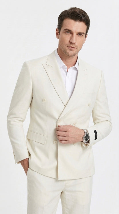 Men’s Ivory Cream Double Breasted Linen Suit – Off-White Summer Wedding Slim Fitted 2-Piece Suit Cream Color