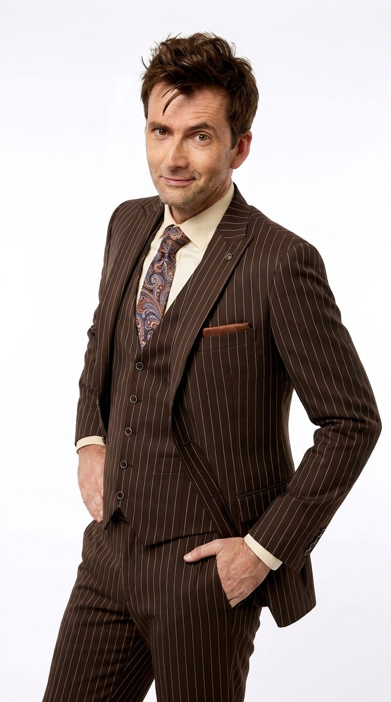 Men’s Doctor Who Inspired Brown Pinstripe 3-Piece Suit – Retro Vintage Wedding, Costume & Formal Suit