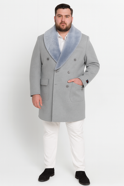 Men’s Light Grey Double Breasted Overcoat with Faux Fur Shawl Collar – Winter Luxury Coat Wool Fabric 3   - from alligatorwarehouse.com