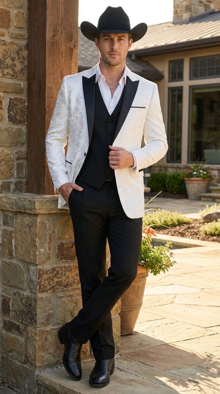 Men’s White Paisley Cowboy Tuxedo with Black Satin Lapel – Western Formal Wedding Suit Jacket