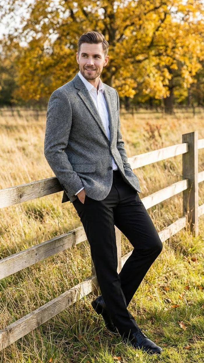 Men’s Grey Harris Tweed Blazer Jacket, Classic Herringbone Wool Sport Coat for Business Casual