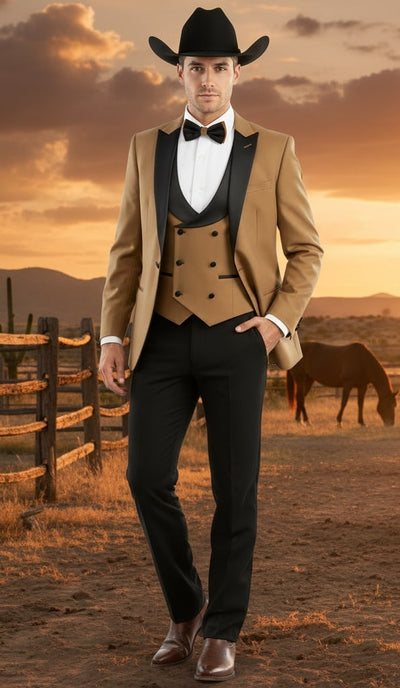 Mens Western Cowboy Tuxedo – Tan and Black 3-Piece Suit with Satin Lapel and Vest in Mocca Coffee Color 5   - from alligatorwarehouse.com