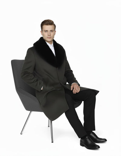Mens Full Length Olive Overcoat with Black Fur Collar – Luxury Wool Fabric Winter Long Coat in Hunter Green 5   - from alligatorwarehouse.com