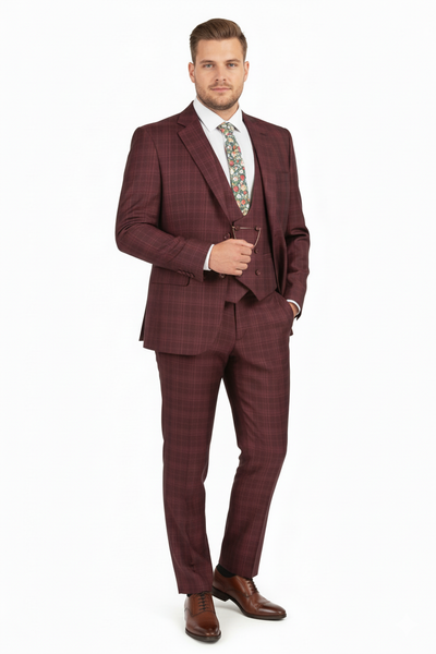 Men’s Burgundy Checkered 3-Piece Suit – Windowpane Classic Fit Plaid Blazer with Vest and Pants 5   - from alligatorwarehouse.com