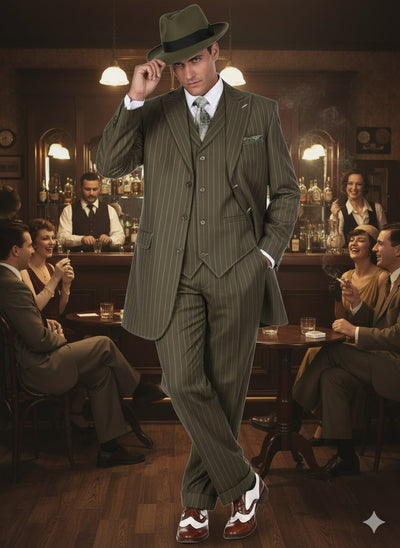 Mens Olive Green Pinstripe Zoot Suit – 1920s Gangster Vintage 3-Piece Suit for Formal and Themed Events 5   - from alligatorwarehouse.com