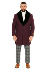 Mens Purple Wool Overcoat with Black Faux Fur Collar – Luxury Winter Dress Coat for Formal and Casual Wear