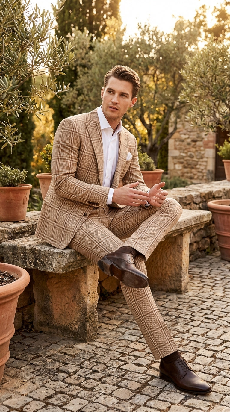 Beige Tan Plaid windowpane Two Piece Suit for Men | Classic Checkered Formal Suit with Jacket and Pants by Rossiman