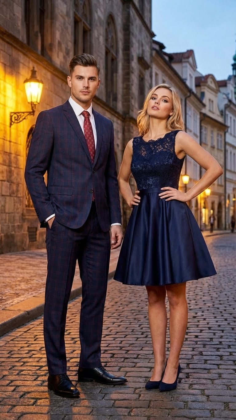 Men’s Navy Blue and Burgundy Checkered Two-Piece Suit Plaid Windowpane – Flat Front Pants or Pleated Wide Leg Pants - 100% Wool