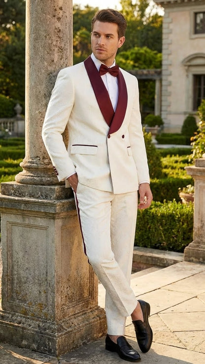 Men’s Ivory and Burgundy Jacquard Tuxedo Suit – Luxury Slim Fit 3-Piece Formal Wedding, Prom, and Gala Outfit in Cream Off White Color