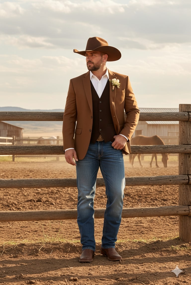 Mens Rust Copper Brown Western Blazer – Cowboy Style Classic Tailored Jacket for Weddings, Rodeos and Country Events