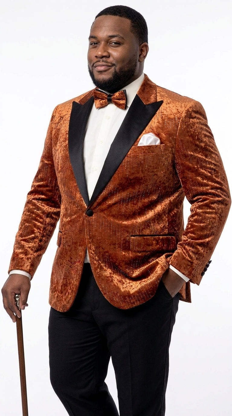 Men’s Burnt Orange Sequin Velvet Blazer – Kingsman Golden Bee Inspired Black Peak Lapel Dinner Jacket