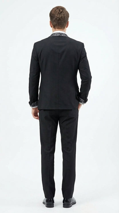 Mens Black and White Lapel Tuxedo Suit – Black Formal Tuxedo with White Pattern Lapel for Wedding, Prom and Evening Events