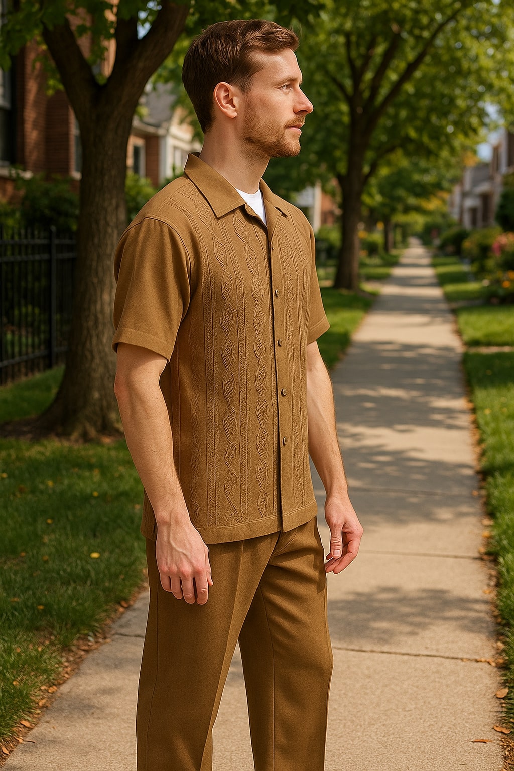 Mens Mocha Brown Short Sleeve Knit Walking Suit – Two-Piece Casual Button Down Set in Taupe Coffee Color