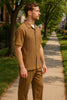 Mens Mocha Brown Short Sleeve Knit Walking Suit – Two-Piece Casual Button Down Set in Taupe Coffee Color 5   - from alligatorwarehouse.com