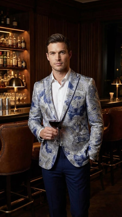 Men’s Navy Blue and Gray Paisley Print Blazer – Prom Jacket for Formal, Party, and Evening Wear