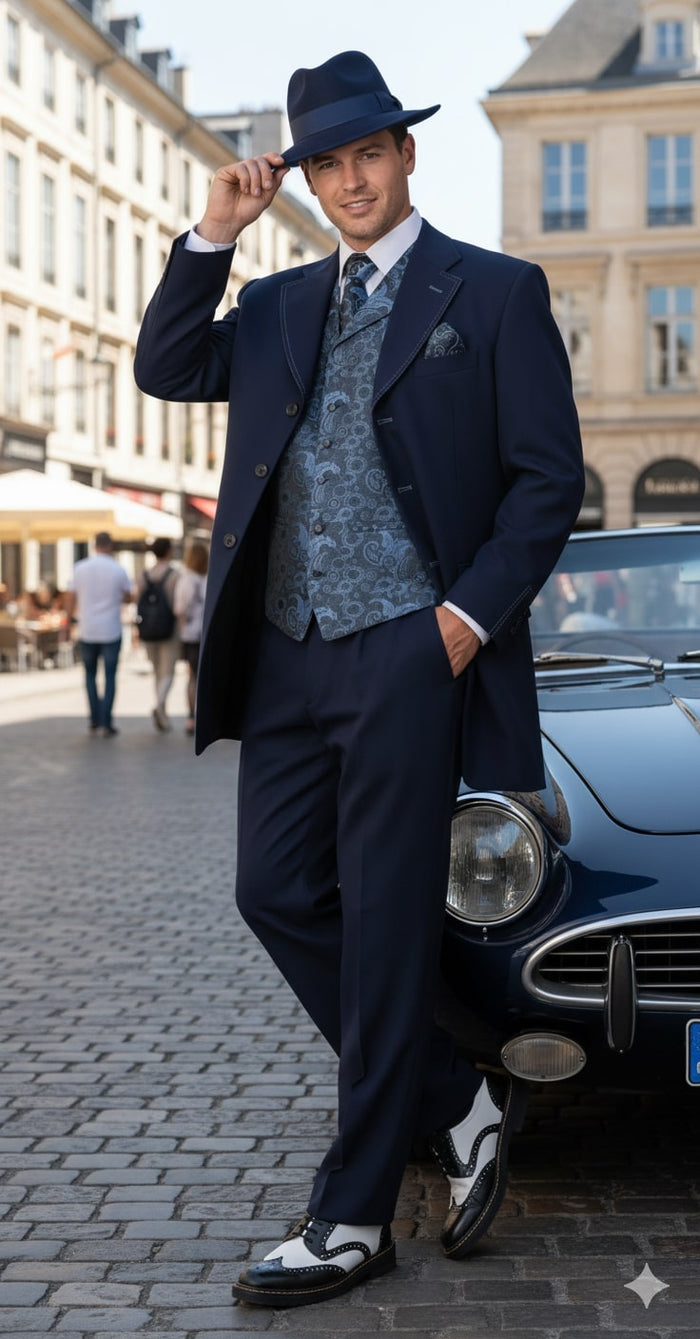 Mens 1920s Navy Blue Zoot Suit – Vintage Gangster 3-Piece Long Jacket Suit Classic Fit Pleated Pants