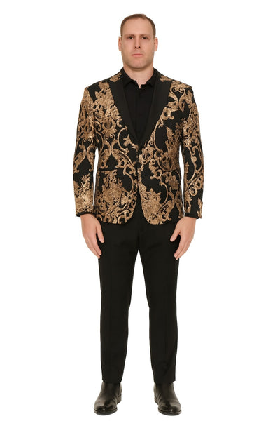 Mens Black and Rose Gold Floral Embroidered Blazer Suit Black Pants – Luxury Tuxedo Jacket for Weddings, Proms and Parties 5   - from alligatorwarehouse.com