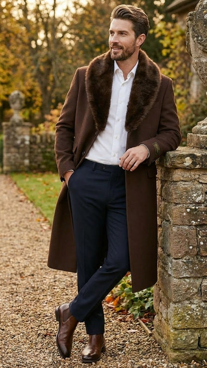Men’s Brown Long Overcoat with Faux Fur Collar – Classic Winter Formal Coat Three Quarter Carcoat Wool and Cashmere Fabric