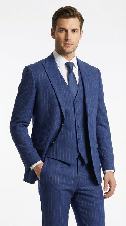 Men’s Cobalt Blue 3 Piece Suit – Indigo Light Blue Pinstripe Formal Suit with Vest for Wedding, Business Modern Fit Two buttons