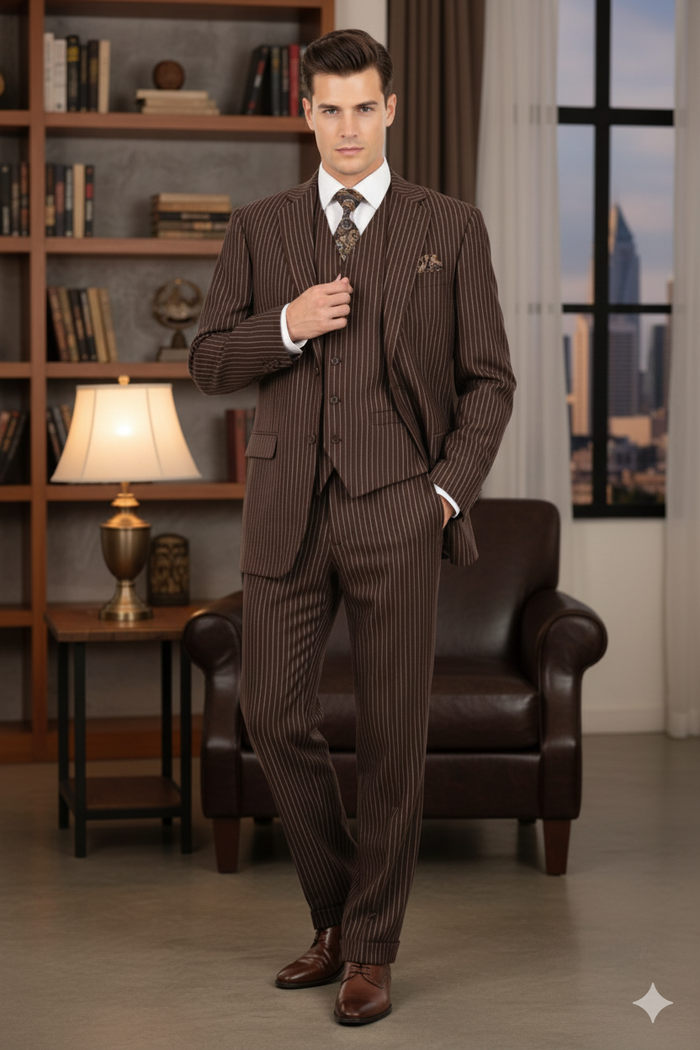 Men’s Brown Pinstripe 3-Piece Suit – Classic Business and Formal Wear with Vest