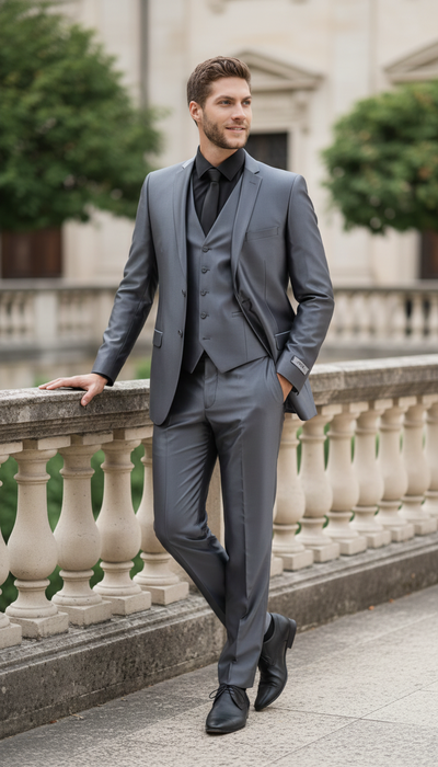 Men’s Dark Grey Shiny Two-Piece Suit – Slim Fitted Formal Jacket and Tailored Pants - Sateen Metalic in Charcoal Gray Color 5   - from alligatorwarehouse.com