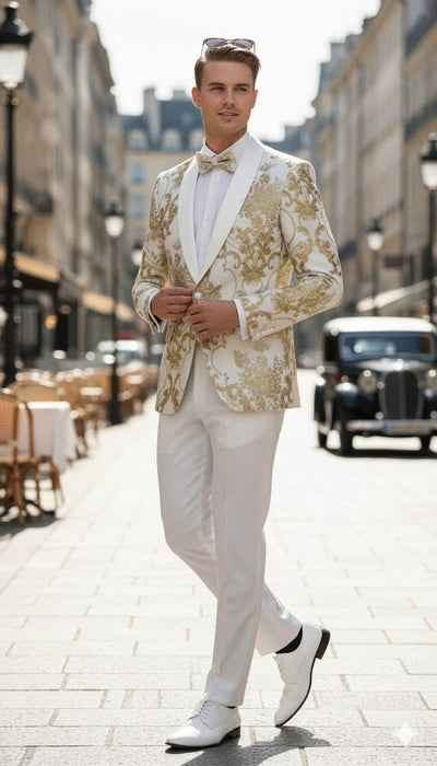 Mens White and Gold Floral Tuxedo Jacket with Satin Lapel – Luxury Prom, Wedding and Formal Dinner Blazer 5   - from alligatorwarehouse.com