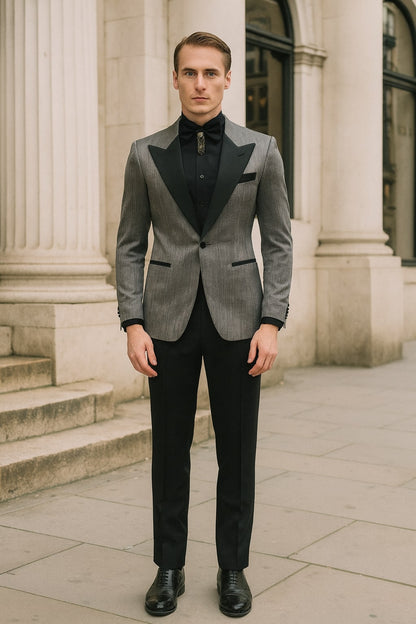 Silver Metallic Tuxedo Suit with Black Satin Peak Lapel – Mens Slim Fit Formal Wedding and Prom Attire in Charcoal Grey With Pants