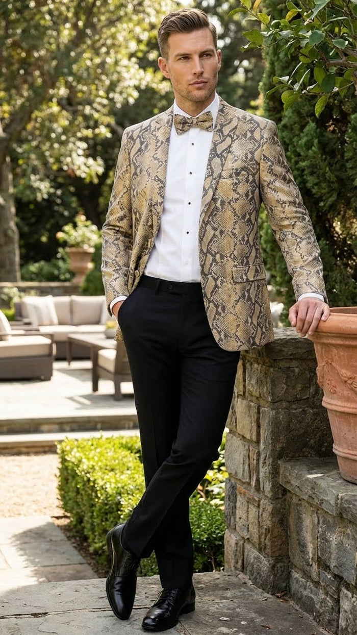 Men’s Beige and Black Snakeskin Print Blazer – Alligator Crocodile Exotic Sking Sport Coat Jacket in Tan Camel Color
