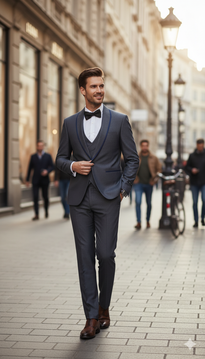 Men’s Charcoal Gray with blue Trim Slim Fit 3-Piece Suit – Modern Wedding and Business Formal Tuxedo Set