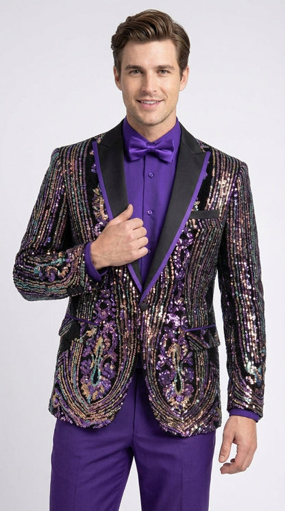 Mens Mardi Gra Black and Purple and Gold Sequin Tuxedo Jacket Set – Designer with Floral Pattern Jacket Formal Wedding Party Wear Bowtie
