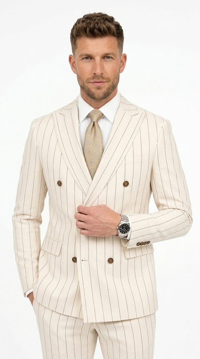 Men’s Cream Off White Pinstripe Pinstripe 2 Piece Double Breasted Suit, Summer Wedding Ivory Color By Vitali