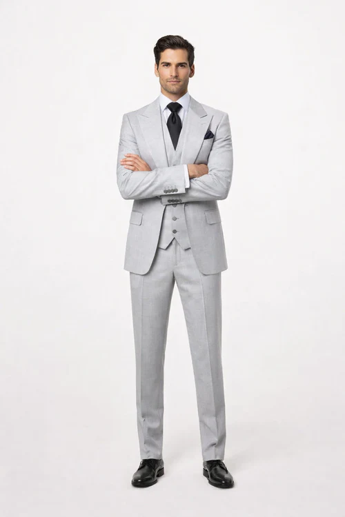 Suits With Baggy Pleated Pants - Wide Leg Pants 100% Wool - Classic Fit in Grey One Button 3 Piece Suit by Rossiman