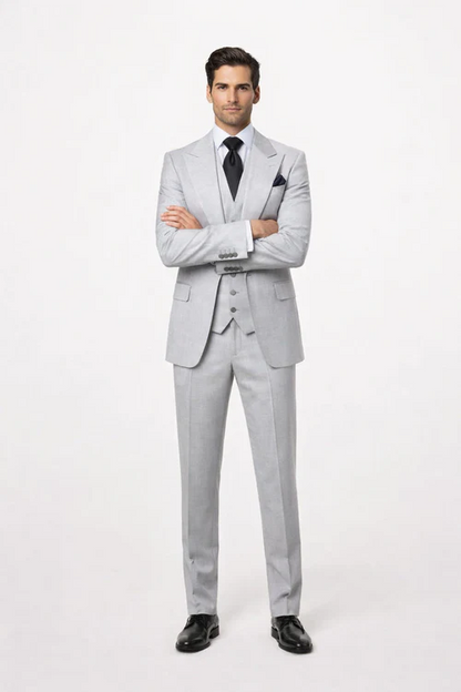 Suits With Baggy Pleated Pants - Wide Leg Pants 100% Wool - Classic Fit in Grey One Button 3 Piece Suit by Rossiman