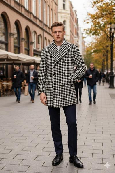 Mens Houndstooth Double-Breasted Overcoats – Classic Black and White Wool Blend Peacoat Wool Fabric 5   - from alligatorwarehouse.com