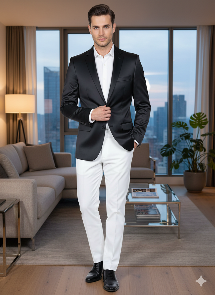 Men’s Black Satin Blazer – Classic Slim Fit Two-Button Formal Suit Jacket for Weddings, Parties, and Business Events