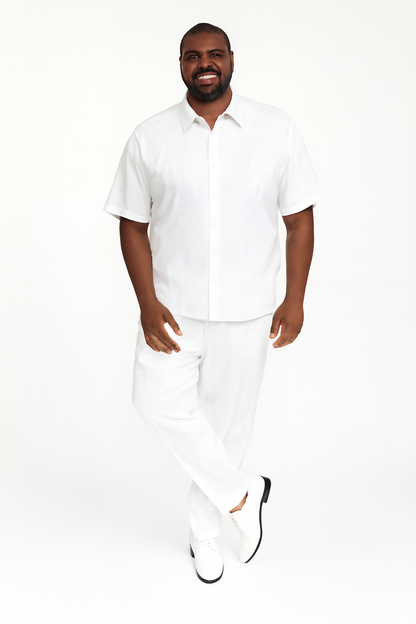 Men’s White Embroidered Guayabera Two-Piece Set – Short Sleeve Shirt and Pants