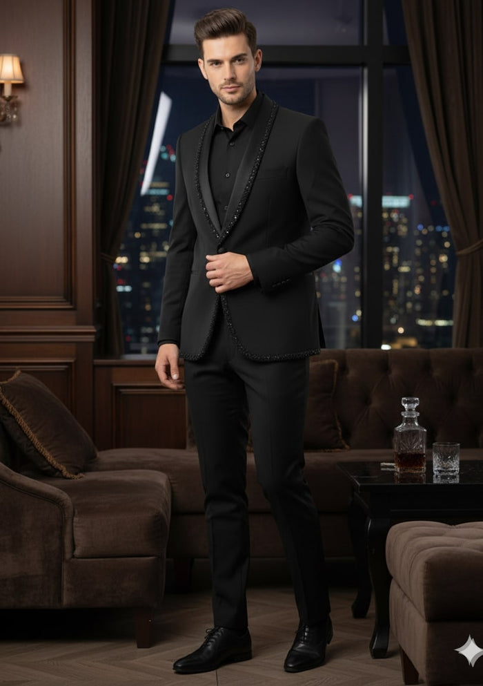 Mens Classic Black Designer Blazer with Beaded Lapel – Elegant Formal and Party Wear Dinner Jacket For Groom
