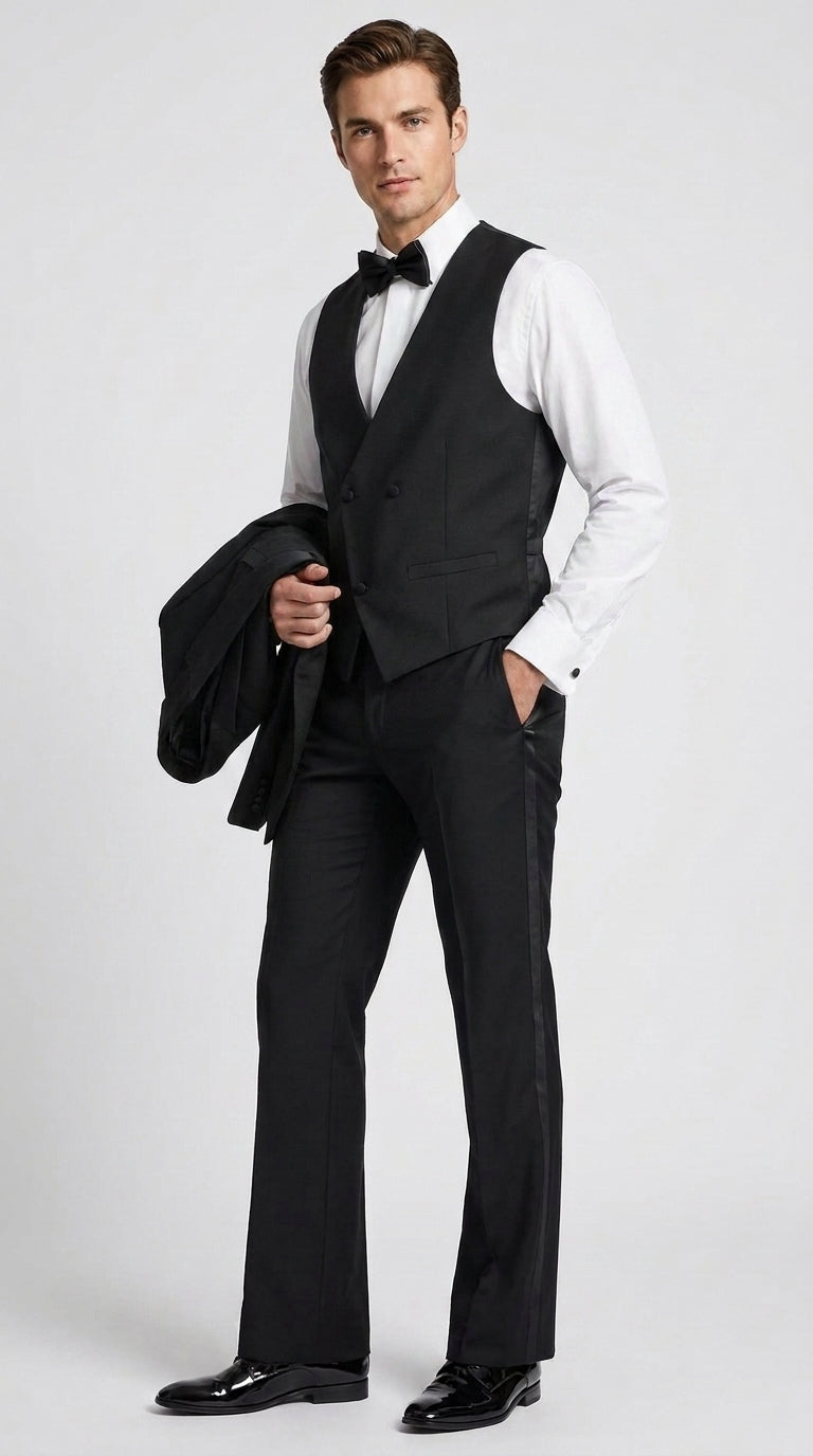 Men’s Black Boot Cut 3-Piece Tuxedo Suit – Peak Lapel Wedding, Prom and Formal Suit 1970s Style