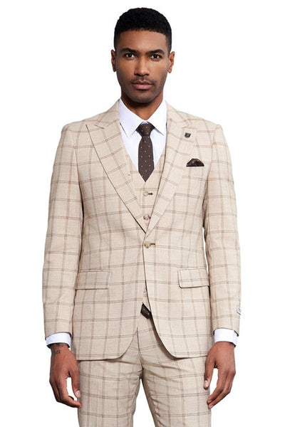 Men's Stacy Adams One Button Peak Lapel Vested Windowpane Plaid Suit in Tan 1 SM171H1-102-38R  - from alligatorwarehouse.com