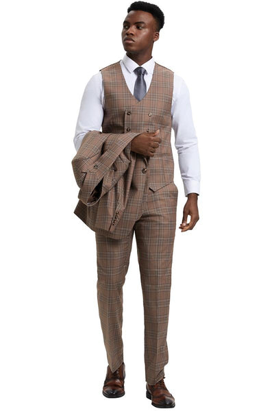 Men's Stacy Adams One Button Peak Lapel Double Breasted Vest Suit in Light Brown Plaid 4 SM170H1-10-38R  - from alligatorwarehouse.com
