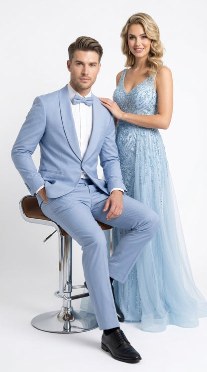 Men’s Powder Blue 2 Piece Tuxedo Suit – Light Blue Wedding Prom Tux with Matching Pants Light Baby Blue