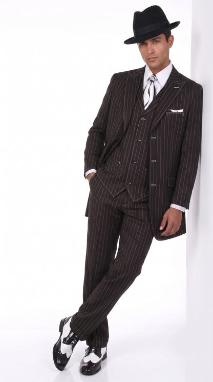 Men’s Black Pinstripe Zoot Suit – 3-Piece Gangster, Formal Suit 1920s Pimp Suit
